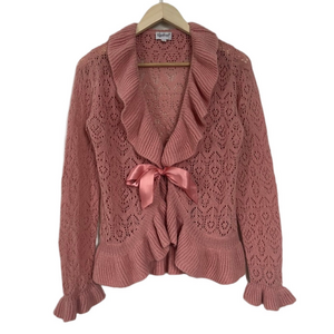 Vintage Open Knit Ruffle Cardigan Light Rose Pink Satin Ribbon Closure Together